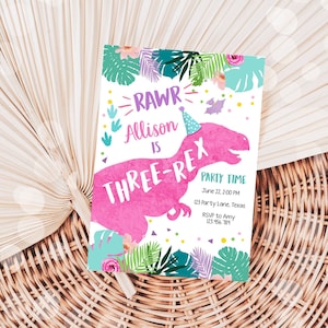 Editable Three-Rex Dinosaur Birthday Invitation Dino T-Rex Third Birthday 3rd Rawr Girl Pink Dino Prehistoric Printable Corjl Template 0423
