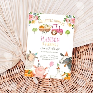 Editable Farm Birthday Invitation Pumpkin Girl Farm Animals Pink Barnyard Fall Birthday Download Printable Invitation Template Digital 0155