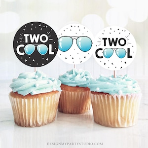 Two Cool Cupcake Toppers Favor Tags Boy 2nd Birthday Party Decoration I'm This Many Two Cool Birthday Blue download Digital PRINTABLE 0136