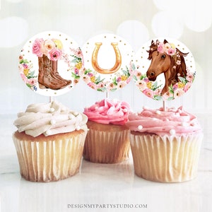 Horse Cupcake Toppers Favor Tags Girl Saddle Up Pony Birthday Party Decoration Cowgirl Floral Horse Pink Download Digital PRINTABLE 0408