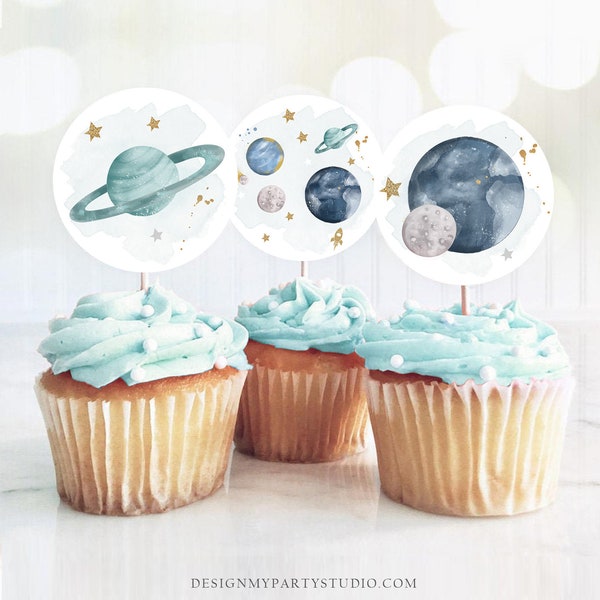 Outer Space Birthday Cupcake Toppers First Trip Around the Sun Favor Tags Space Birthday Planets Galaxy Download Digital PRINTABLE 0357