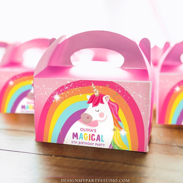 Editable Unicorn Birthday Party Gable Box Favor Label Magical Unicorn Gift Box Labels Girl Pink Rainbow Download Printable Corjl 0323