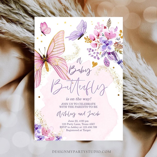 Editable Butterfly Baby Shower Invitation Purple Butterfly on The Way Invite Floral Pink Gold Girl Download Printable Template Corjl 0437