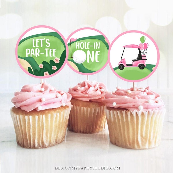 Hole in One Cupcake Toppers Golf Birthday Girl Golf Birthday Par-tee Favor Tags First Birthday Golfing Pink Download Digital PRINTABLE 0405