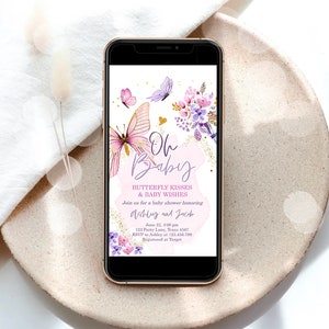 Editable Butterfly Baby Shower Evite Purple Butterfly on The Way Invite Floral Pink Gold Girl Phone Download Digital Template Corjl 0437