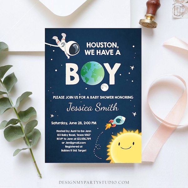 Editable Space Baby Shower Invitation Astronaut Rocket It's a Boy Space Ship Boy Blue Invitation Template Instant Download Corjl 0046