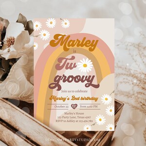 Editable Two Groovy Birthday Party Invitation 2nd Birthday Boho Retro Flower Power 70&#39;s Daisy Digital Download Evite Template Printable 0428