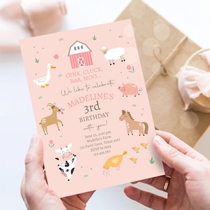 Editable Farm Birthday Invitation Girl Farm Animals Pink Barnyard Party Modern Pastel Download Printable Invite Template Digital Corjl 0436