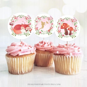 Woodland Fairy Cupcake Toppers Enchanted Forest Birthday Party Decorations Girl Pink Gold Stickers Tags download Digital PRINTABLE 0173 image 1