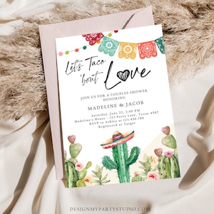 Editable Let&#39;s Taco Bout Love Engagement Invitation Couples Shower Bridal Watercolor Cactus Succulent Fiesta Digital Template Printable 0404