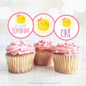 Sunshine Birthday Cupcake Toppers Favor Tags Sunshine Party Little Sunshine Decor Girl Pink 1st Stickers Download Digital PRINTABLE 0141