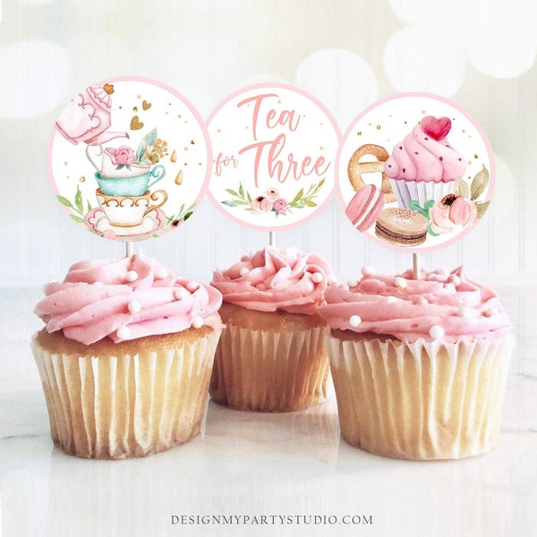 Tea Party Cupcake Toppers Tea 3rd Birthday Cupcake Toppers Favor Tag Girl Tea For Three Floral Pink Gold Download Digital PRINTABLE 0349