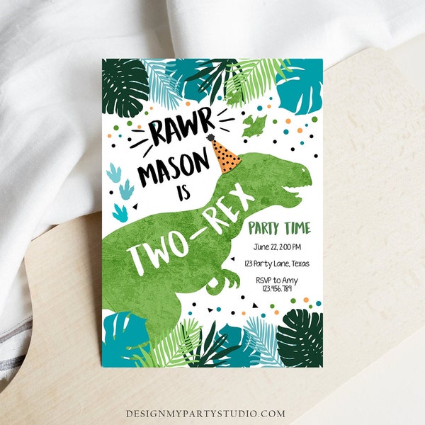 Editable Two-Rex Dinosaur Birthday Invitation Dino T-Rex Second Birthday 2nd RAWR Boy Green Blue Prehistoric Printable Corjl Template 0389