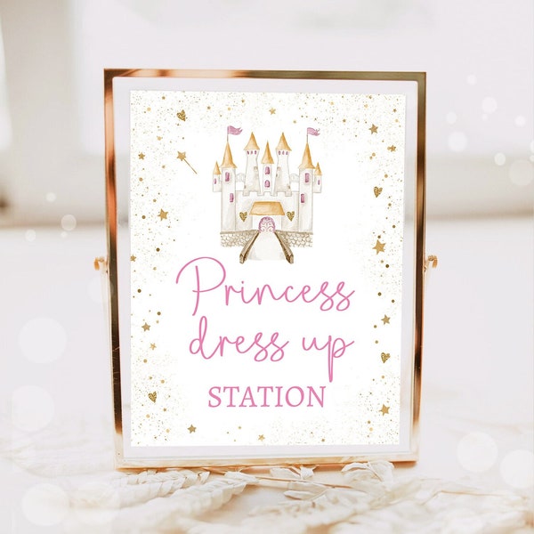 Princess Dress Up Station Sign Princess Castle Birthday Party Sign Pink Gold Decoration Dress-Up Printable Instant Download PRINTABLE 0477
