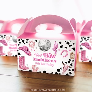 Editable Space Cowgirl Birthday Party Gable Box Favor Label Disco Cowgirl Gift Box West Nashville Rodeo Pink Download Printable Corjl 0455