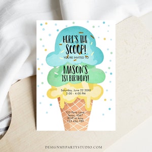 Editable Ice Cream Birthday Invitation Boy 1st Birthday Party Here's the Scoop Cone Blue Mint Yellow Summer Printable Template Corjl 0243