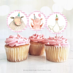 Barnyard Birthday Cupcake Toppers Favor Tags Farm Birthday Party Decoration Girl Farm Animals Pink Stickers download Digital PRINTABLE 0155