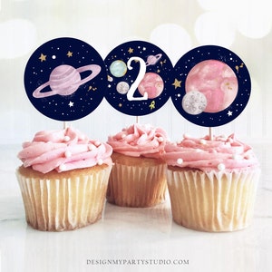 Outer Space Birthday Cupcake Toppers Two the Moon Birthday Favor Tags Space 2nd Birthday Planets Galaxy Girl Pink Digital PRINTABLE 0357