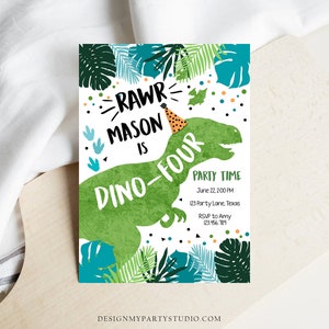 Editable Dino-Four Dinosaur Birthday Invitation Dino T-Rex 4th Birthday Fourth Rawr Boy Green Blue Prehistoric Printable Corjl Template 0389