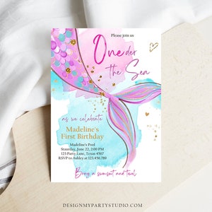 Editable ONEder the Sea Birthday Party Invitation Mermaid First Birthday Girl 1st Birthday Pink Gold Download Printable Template Corjl 0403