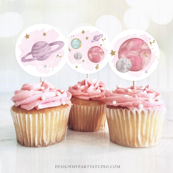 Weltraum Geburtstag Cupcake Toppers Erste Reise Rund um die Sonne Favor Tags Weltraum Geburtstag Planeten Galaxy Girl Pink Digital PRINTABLE 0357