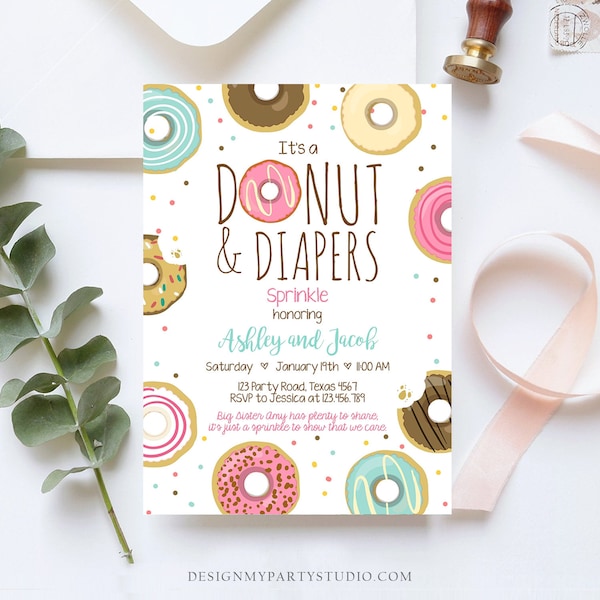 Editable Donut and Diapers Sprinkle Invitation Sprinkled With Love Coed Shower Pink Girl Digital Download Printable Corjl Template 0050