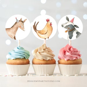 Barnyard Birthday Cupcake Toppers Favor Tags Farm Birthday Party Decor Cow Rooster Farm Animals Stickers Download Digital PRINTABLE 0155