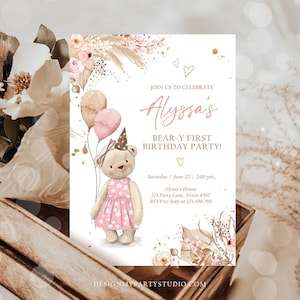 Bearbeitbares niedliches Teddybär-Einladungs-Mädchen zum 1. Geburtstag Boho-Teddybär-Picknick-Sommer-Bärer-erster eins - druckbare digitale Corjl-Vorlage 0421