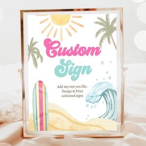 Editable Custom Sign Surf Birthday Party Sign Girl The Big One Surfing Birthday Sign Beach Party Retro Wave Digital Template Printable 0433