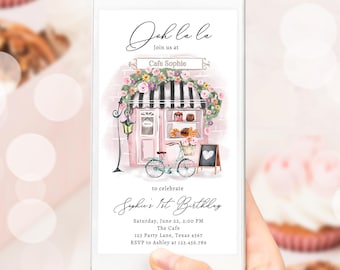 Editable Paris Birthday Invitation Girl Tea Party Pink Floral French Parisian Cafe Patisserie Socials Digital Evite Template Phone 0441