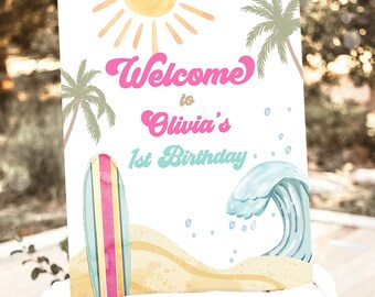 Editable Surf Birthday Welcome Sign Girl The Big One Birthday First Welcome Sign Beach Party Retro Big Wave Digital Template Printable 0433