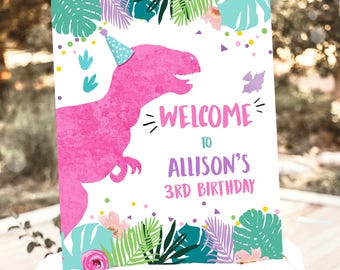 Letrero de bienvenida de dinosaurio editable para niña, rosa, T-Rex, fiesta de excavación de dinosaurios, letrero de cumpleaños de dinosaurio, letrero de mesa, plantilla de descarga digital imprimible 0423