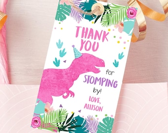 Bearbeitbare Dinosaurier Geburtstag Favor Tag Geschenk Tag Mädchen Rosa T-Rex Drei Rex Danke Stampfen von Dino Party Digitale Vorlage Printable 0423