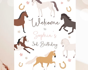 Editable Horse Birthday Welcome Sign Pony Birthday Welcome Sign Cowgirl Party Floral Girl Horse Party Digital Template Printable 0513