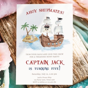 Invitation d'anniversaire pirate Ahoy Shipmates, fête pirates, aventure nautique, bateau, carte au trésor, carte au trésor numérique, modèle Evite imprimable 0531