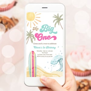 Bewerkbare The Big One Surf 1e verjaardagsuitnodiging Retro surfplank Beach Party Wave Surfer Boho Girl Evite digitale downloadsjabloon 0433