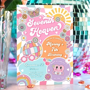 Editable Seventh Heaven Groovy 7th Birthday Party Invitation Groovy Hippie Peace Preppy Varsity Disco Digital Evite Template Printable 0524