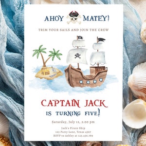 Modèle modifiable d'anniversaire de pirate Ahoy Matey, fête des pirates, bateau d'aventure nautique, île au trésor numérique imprimable 0531