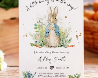 Invitación clásica para baby shower de conejo de cuento de hadas • Ilustración vintage de conejito de Beatrix Potter • Plantilla editable digitalmente para imprimir en Evite 0351