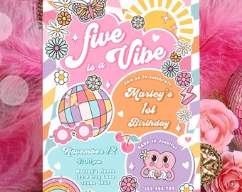 Editable Five is a Vibe Groovy 5th Birthday Party Invitation Groovy Hippie Peace Preppy Varsity Disco Digital Evite Template Printable 0524