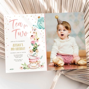 Editable Tea for Two Birthday Invitation Girl Tea Party Invite Pink Gold Floral Peach Pink Digital Download Template Printable 0349
