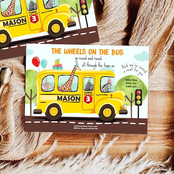 Editable Wheels on the Bus Birthday Invitation Bus Party Invite School Bus Animals Boy Girl Download Printable Template Digital Corjl 0325