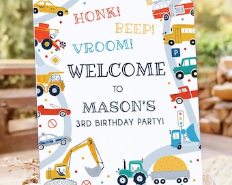 Editable Transportation Birthday Welcome Sign Car Truck Transport Boy Driving Scandinavian Traffic Digital Download Template Printable 0533