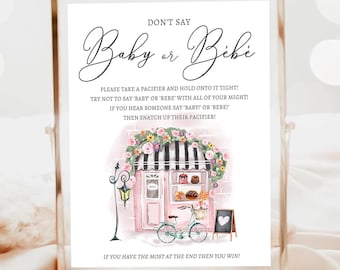 Don't Say Baby or Bebe Game Sign Paris Baby Shower Game French Patisserie Parisian Eiffel Tower Pink Instant Digital Download Printable 0441
