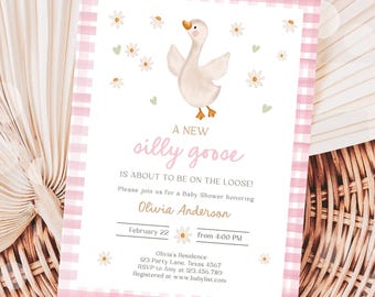 Editable Silly Goose Baby Shower Invitation Girl Spring Shower Party Farm Geese Daisy Gingham Pink Digital Download Template Printable 0540