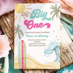 Bewerkbare The Big One Surf 1e verjaardagsuitnodiging Retro surfplank Beach Party Girl roze surfer Boho digitale downloadsjabloon afdrukbare 0433
