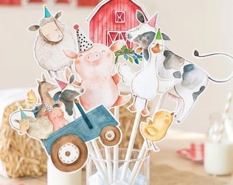 Centros de mesa imprimibles con temática de granja, animales de granja, decoración para pastel de cumpleaños, decoración de mesa, tractor azul, decoración para fiesta de corral, niño, digital 0155
