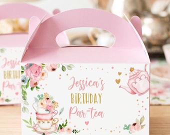 Tea Party Gable Box Label, Pink Floral Par-tea Favor Tag, Girl Birthday Editable, Printable 0349