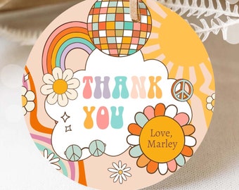 Editable Groovy Favor Tag Birthday Hippie Boho Retro Flower Power 70's Girl Thank You Stickers Skate Party Digital Template Printable 0459