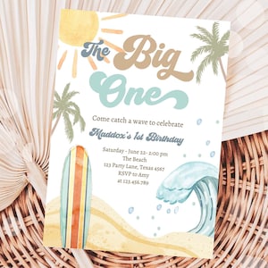 Editable The Big One Surf 1st Birthday Invitation Retro Surfboard Beach Party Wave Surfer Boho Digital Download Template Printable 0433